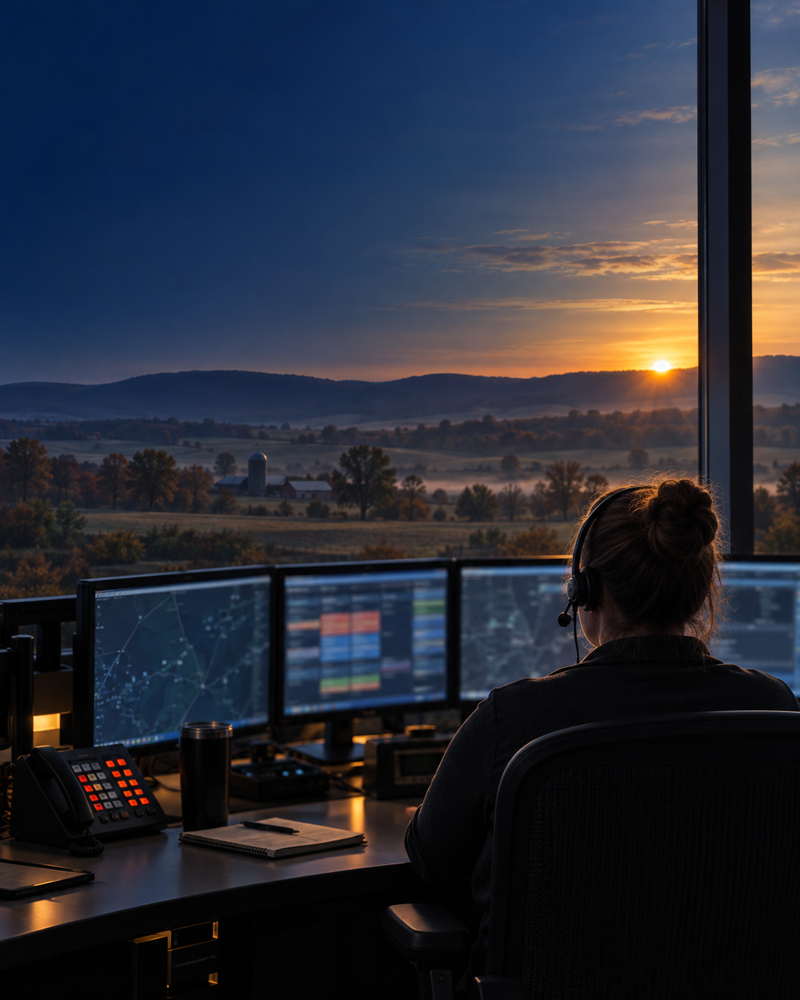 An unidentified rural 911 dispatcher at a communications console overlooking a Western New York landscape